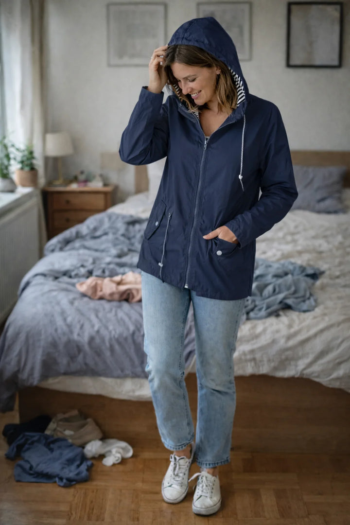 Damen Regenjacke mit langen Ärmeln, Kapuze und Taschen 5