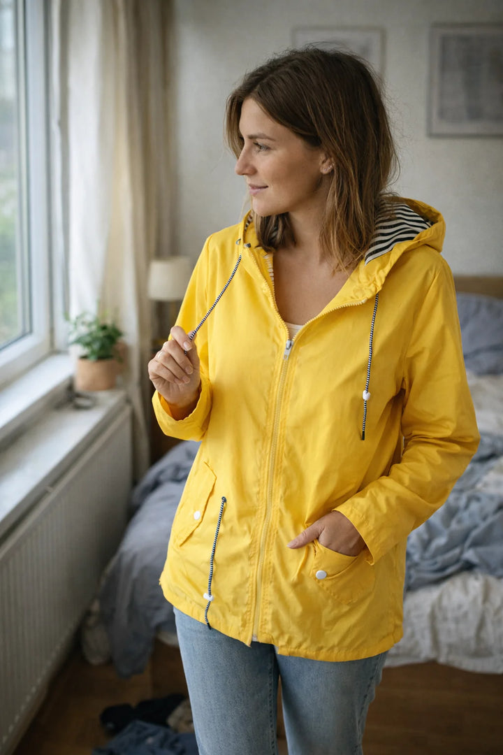 Damen Regenjacke mit langen Ärmeln, Kapuze und Taschen 6