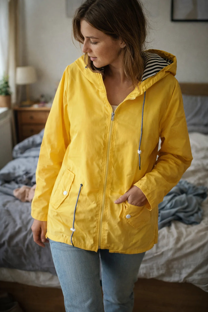 Damen Regenjacke mit langen Ärmeln, Kapuze und Taschen 7