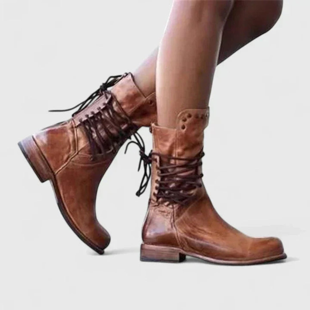 Damen Schnürstiefel Vintage Lederoptik mit Nieten und Orthopädischer Arch Support Blockabsatz 0