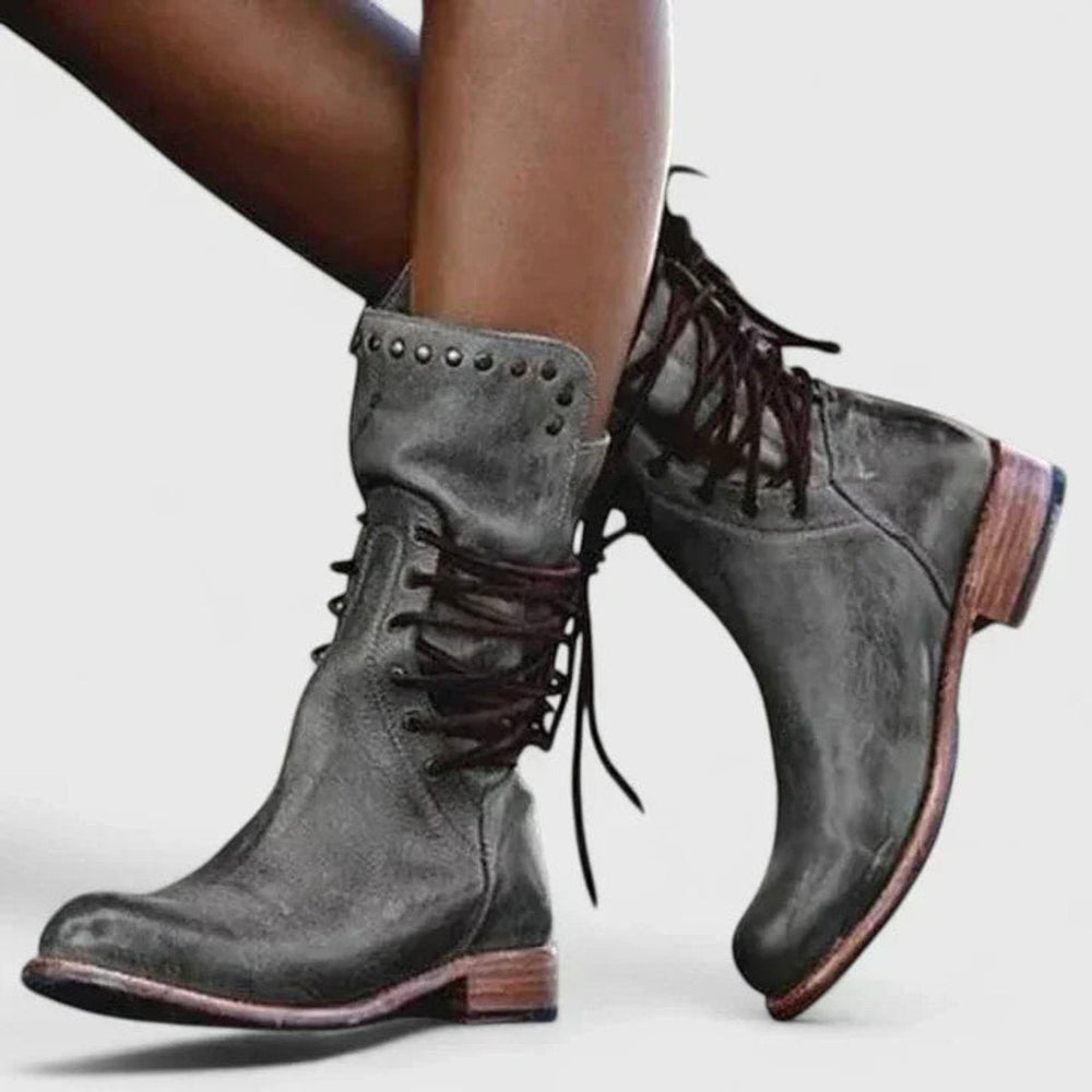Damen Schnürstiefel Vintage Lederoptik mit Nieten und Orthopädischer Arch Support Blockabsatz 1
