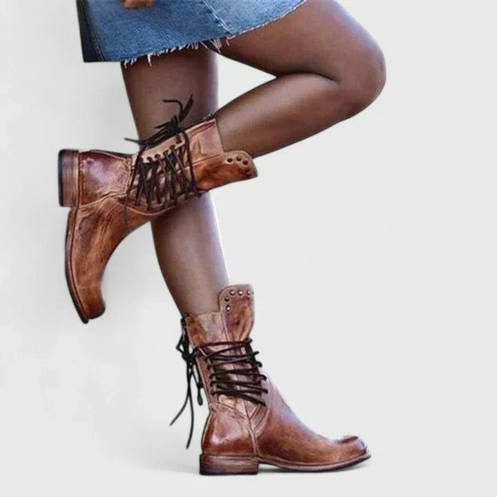 Damen Schnürstiefel Vintage Lederoptik mit Nieten und Orthopädischer Arch Support Blockabsatz 2