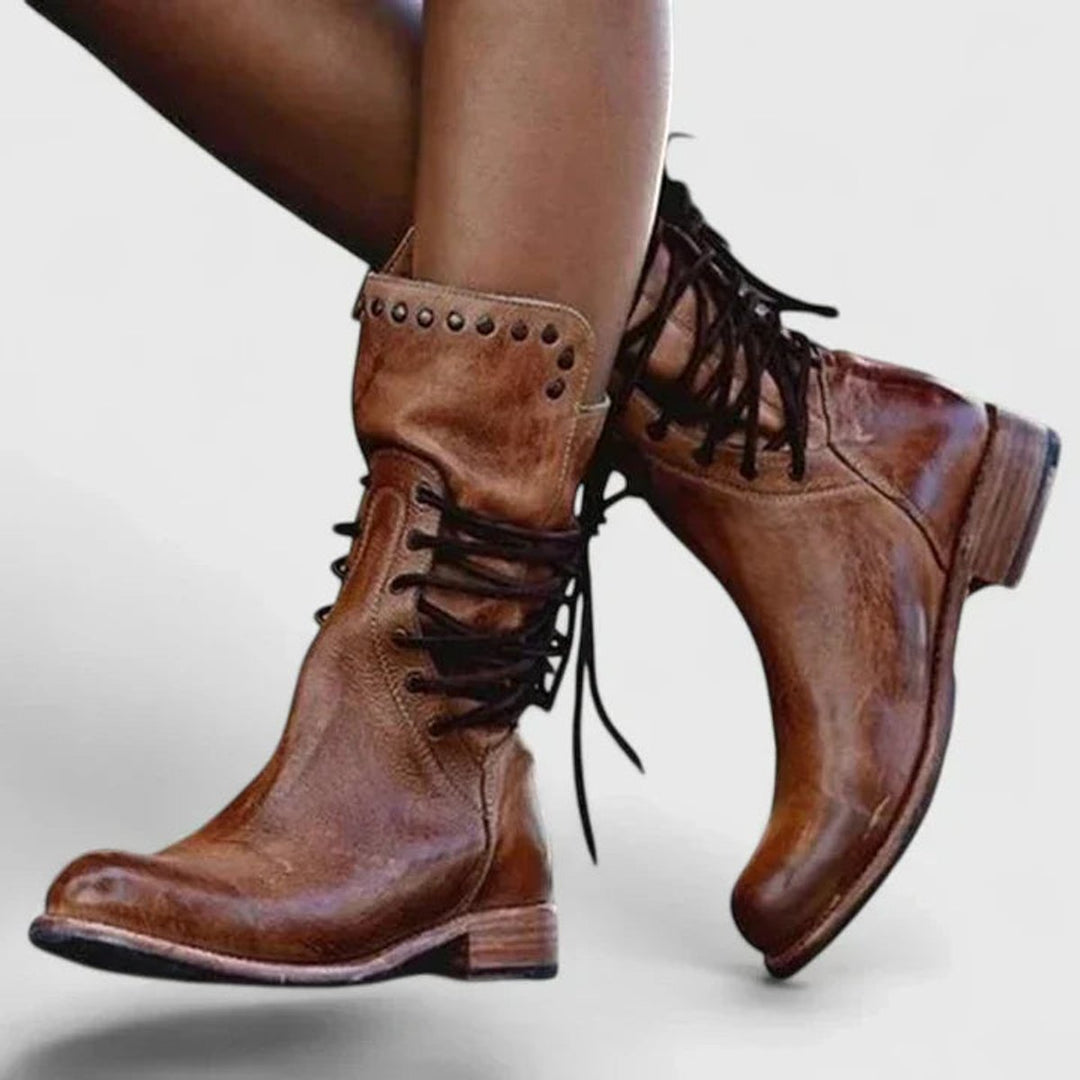 Damen Schnürstiefel Vintage Lederoptik mit Nieten und Orthopädischer Arch Support Blockabsatz 3