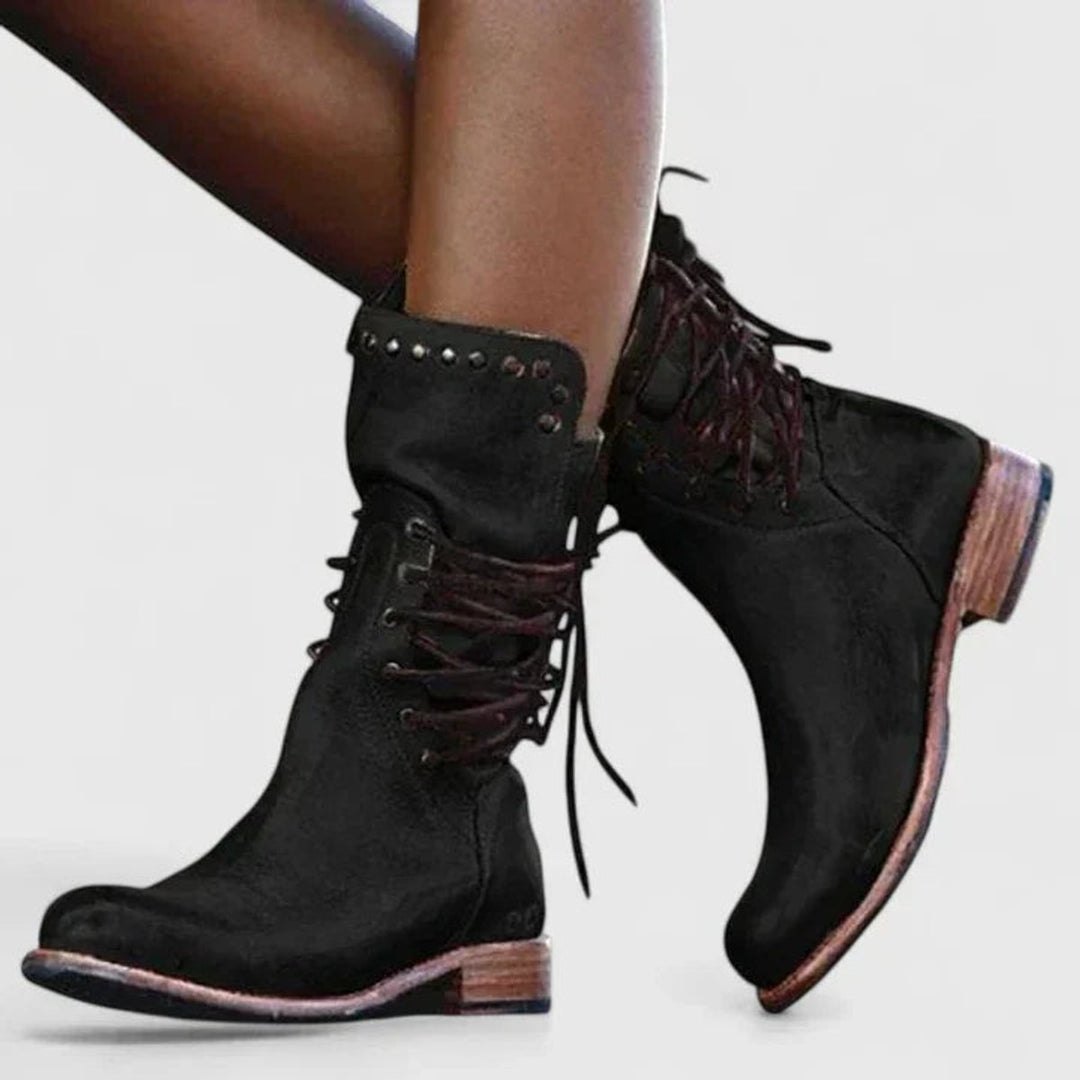 Damen Schnürstiefel Vintage Lederoptik mit Nieten und Orthopädischer Arch Support Blockabsatz 4