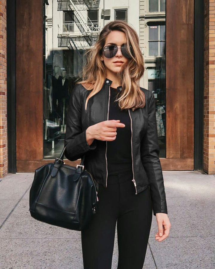 Damen Slim-Fit Bikerjacke mit Reißverschluss – Stylische Kunstlederjacke für Urbanen Look 0