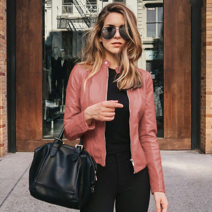 Damen Slim-Fit Bikerjacke mit Reißverschluss – Stylische Kunstlederjacke für Urbanen Look 4