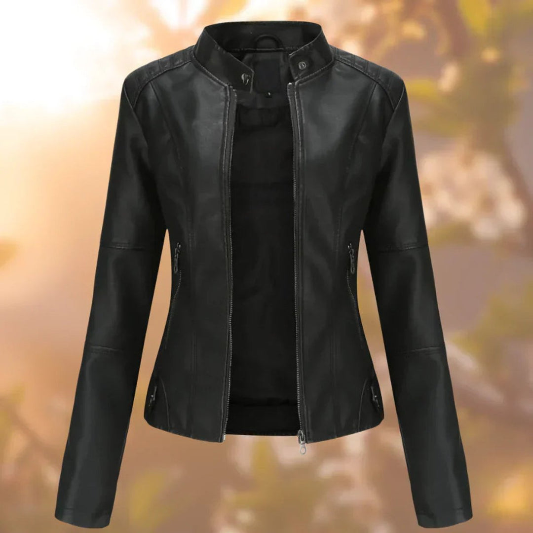 Damen Slim-Fit Bikerjacke mit Stehkragen und Reißverschluss – Taillierte Kunstlederjacke 0