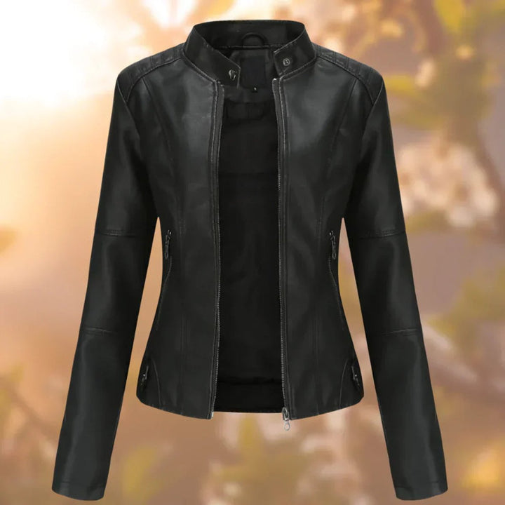 Damen Slim-Fit Bikerjacke mit Stehkragen und Reißverschluss – Taillierte Kunstlederjacke 0