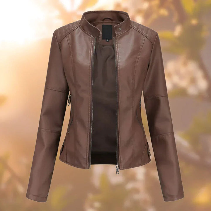 Damen Slim-Fit Bikerjacke mit Stehkragen und Reißverschluss – Taillierte Kunstlederjacke 1