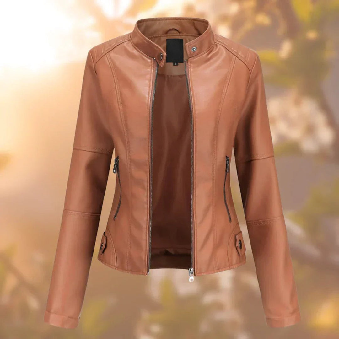 Damen Slim-Fit Bikerjacke mit Stehkragen und Reißverschluss – Taillierte Kunstlederjacke 2