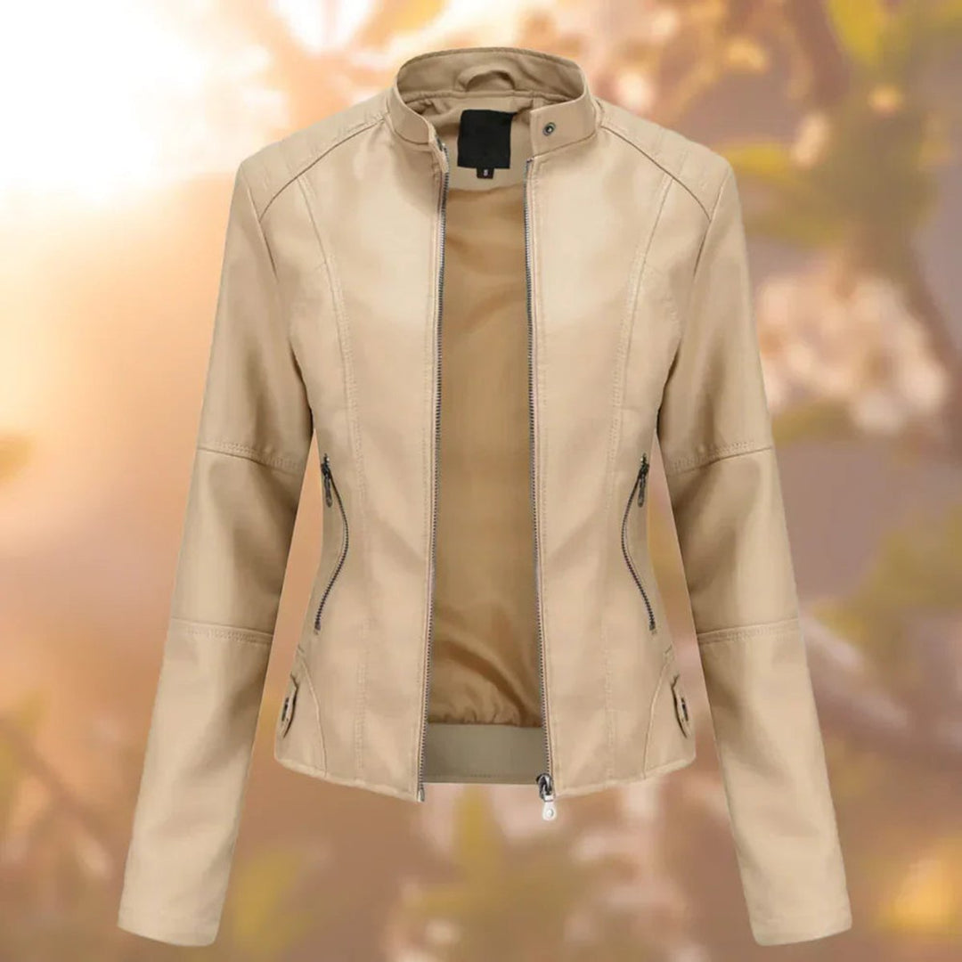 Damen Slim-Fit Bikerjacke mit Stehkragen und Reißverschluss – Taillierte Kunstlederjacke 3