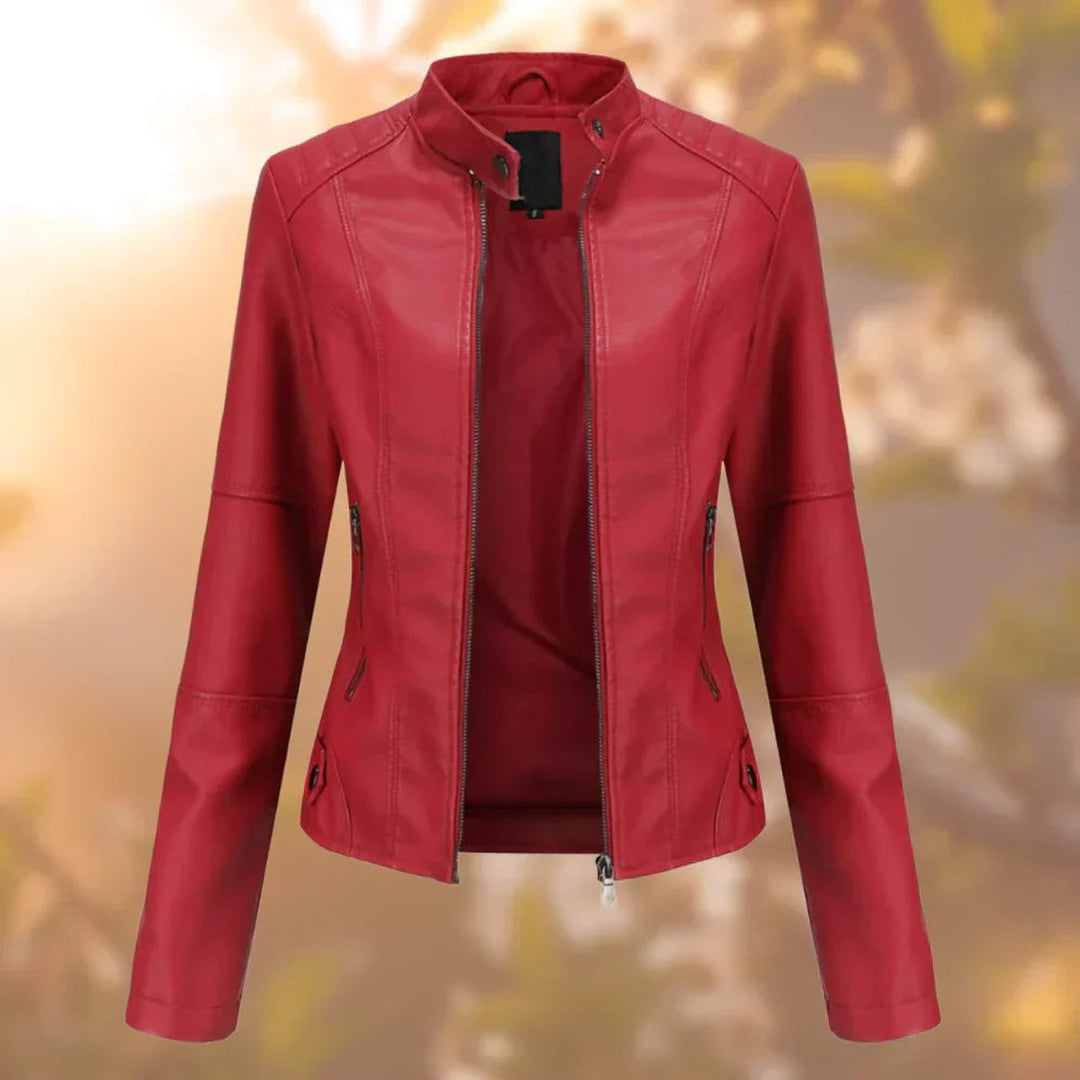 Damen Slim-Fit Bikerjacke mit Stehkragen und Reißverschluss – Taillierte Kunstlederjacke 4