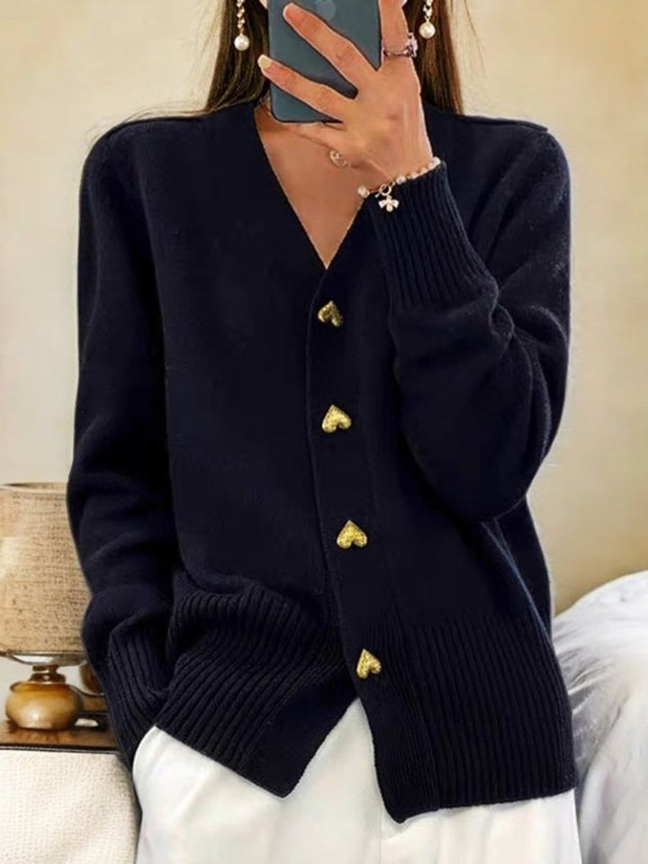 Damen Strick-Cardigan V-Ausschnitt Relaxed Fit mit Herzknöpfen Elegant und Vielseitig 0