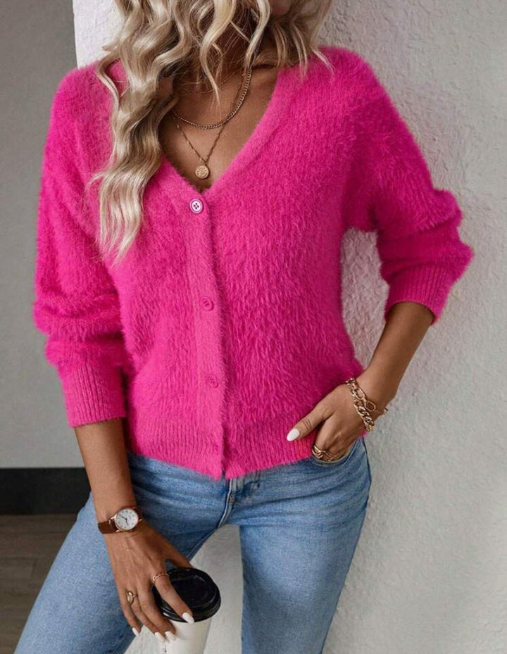 Damen Strickjacke Cardigan mit V-Ausschnitt und Knopfleiste Flauschig Komfortabel 0