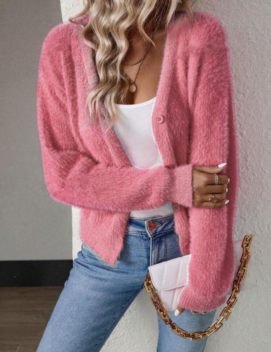 Damen Strickjacke Cardigan mit V-Ausschnitt und Knopfleiste Flauschig Komfortabel 2
