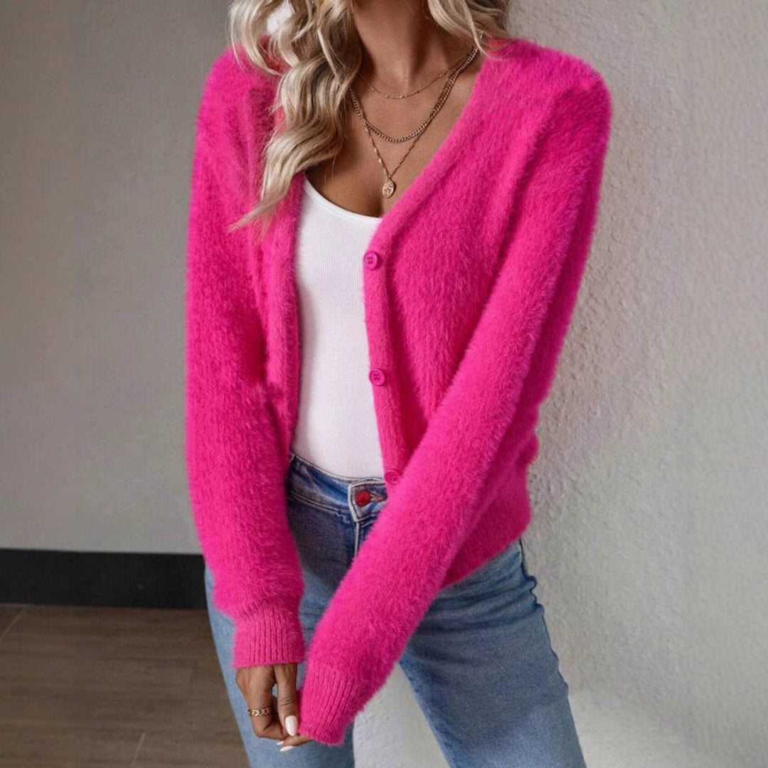 Damen Strickjacke Cardigan mit V-Ausschnitt und Knopfleiste Flauschig Komfortabel 4