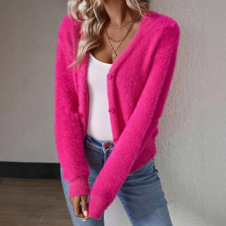 Damen Strickjacke Cardigan mit V-Ausschnitt und Knopfleiste Flauschig Komfortabel 4