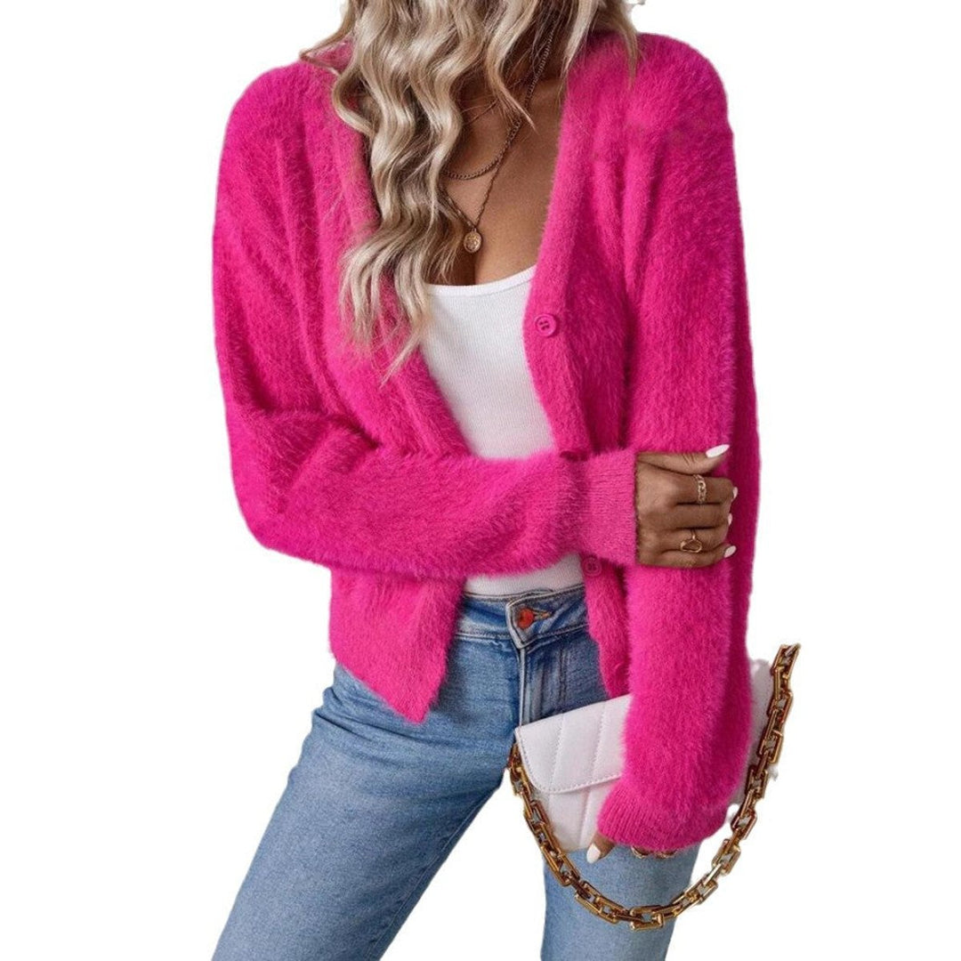 Damen Strickjacke Cardigan mit V-Ausschnitt und Knopfleiste Flauschig Komfortabel 6