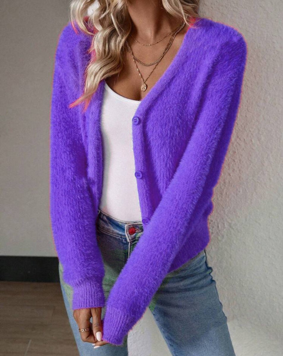 Damen Strickjacke Cardigan mit V-Ausschnitt und Knopfleiste Flauschig Komfortabel 8
