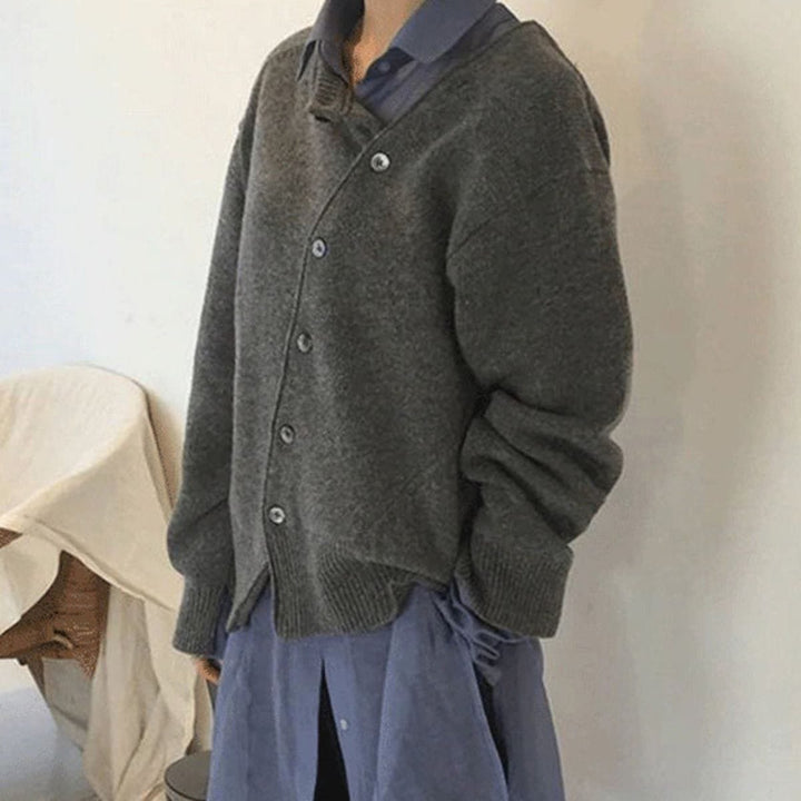 Damen Strickjacke Oversized Cardigan mit asymmetrischer Knopfleiste für Herbst und Winter 2