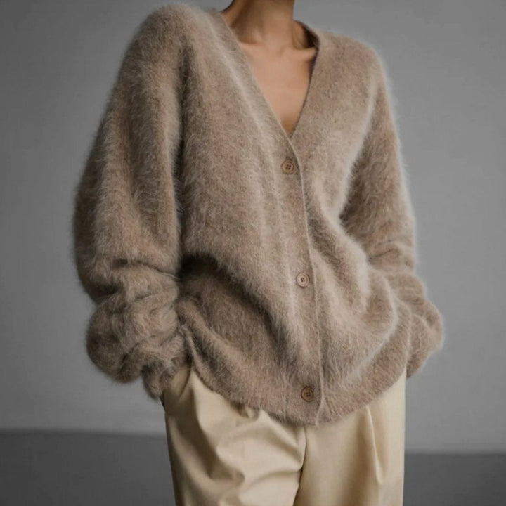 Damen Strickjacke Oversized mit V-Ausschnitt Flauschige Oberbekleidung für Herbst und Winter 0