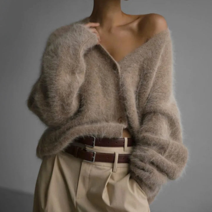 Damen Strickjacke Oversized mit V-Ausschnitt Flauschige Oberbekleidung für Herbst und Winter 1