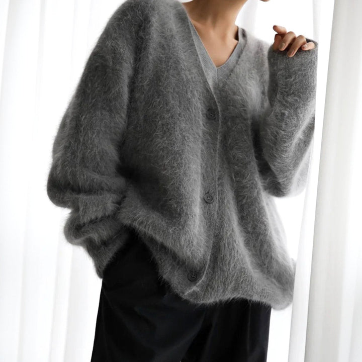 Damen Strickjacke Oversized mit V-Ausschnitt Flauschige Oberbekleidung für Herbst und Winter 2