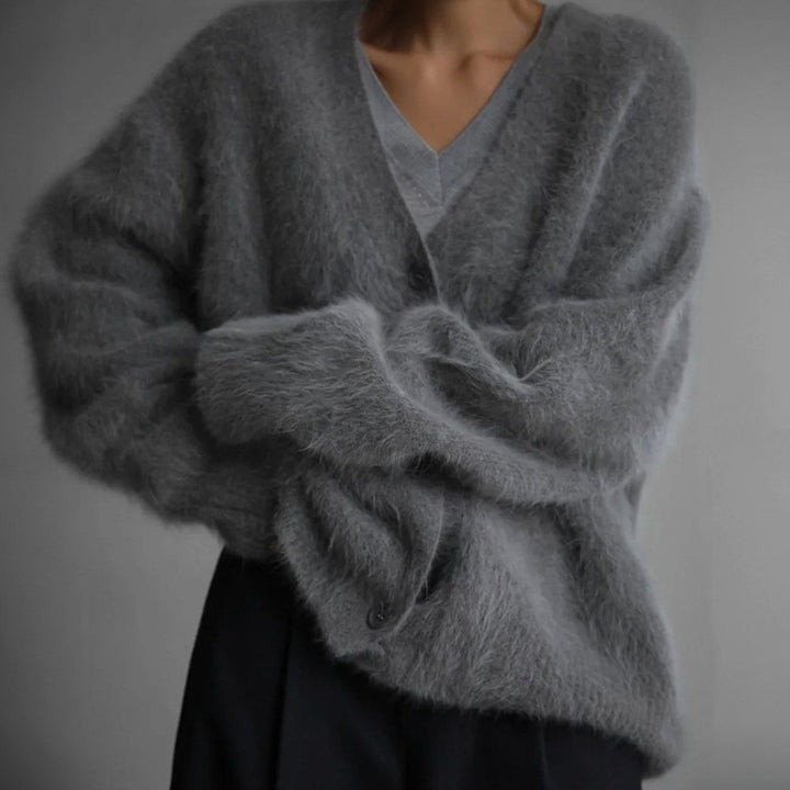 Damen Strickjacke Oversized mit V-Ausschnitt Flauschige Oberbekleidung für Herbst und Winter 4