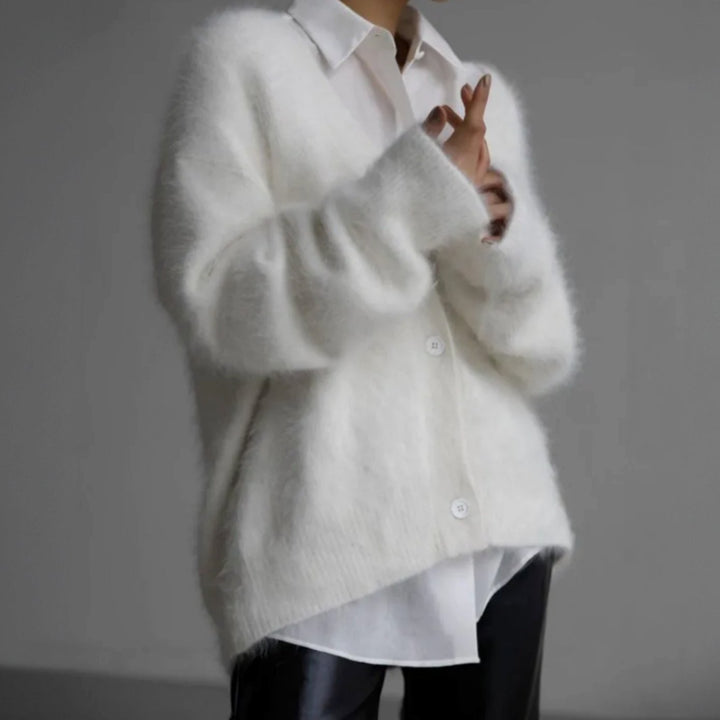 Damen Strickjacke Oversized mit V-Ausschnitt Flauschige Oberbekleidung für Herbst und Winter 6