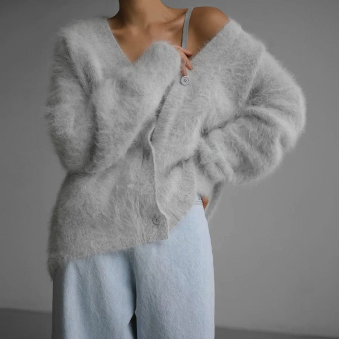 Damen Strickjacke Oversized mit V-Ausschnitt Flauschige Oberbekleidung für Herbst und Winter 7
