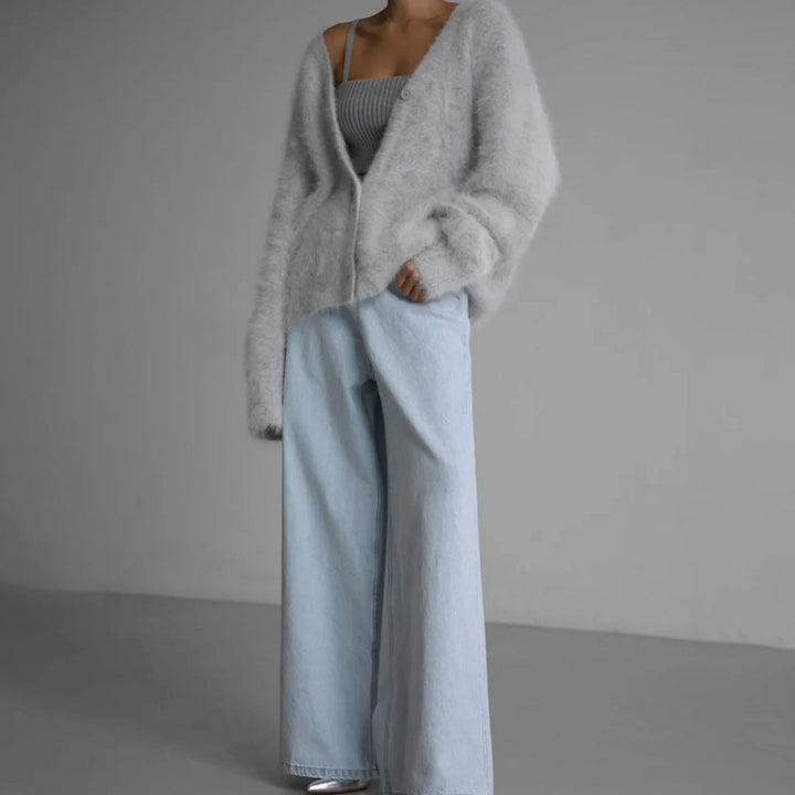 Damen Strickjacke Oversized mit V-Ausschnitt Flauschige Oberbekleidung für Herbst und Winter 8