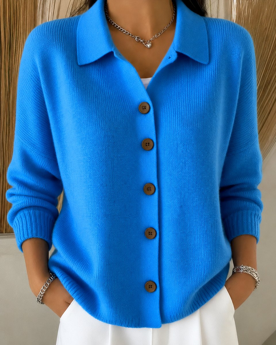 Damen Strickjacke mit Hemdkragen und Knopfleiste Relaxed Fit für Alltag und Büro 0