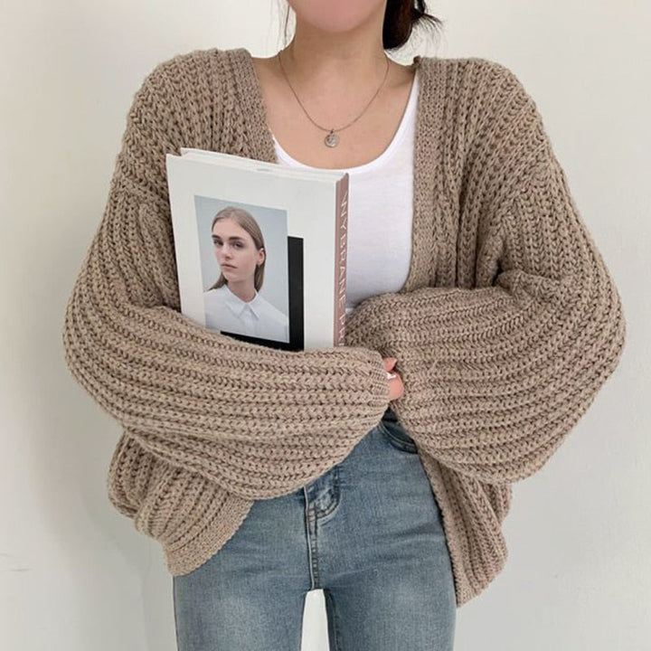 Damen Strickjacke mit grobem Strick und offener Vorderseite für Freizeit und Alltag 0