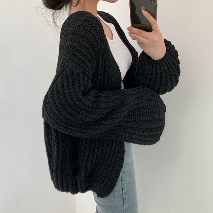 Damen Strickjacke mit grobem Strick und offener Vorderseite für Freizeit und Alltag 1