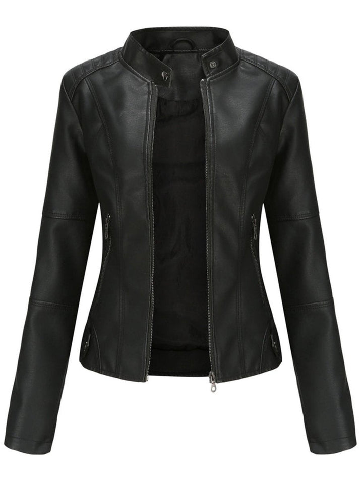 Damen Taillierte Bikerjacke mit Reißverschluss Eleganter Kunstleder-Look 0