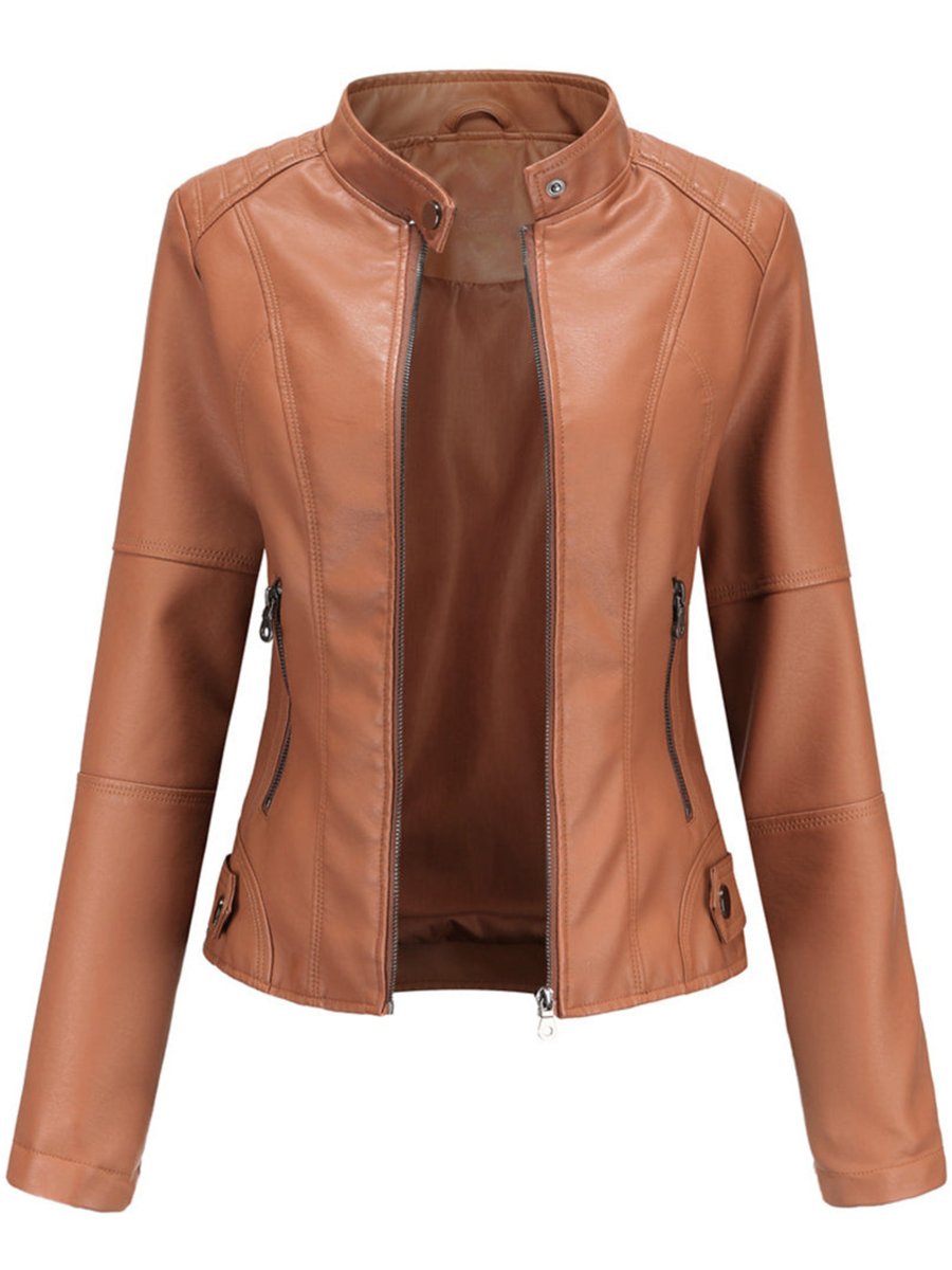 Damen Taillierte Bikerjacke mit Reißverschluss Eleganter Kunstleder-Look 1