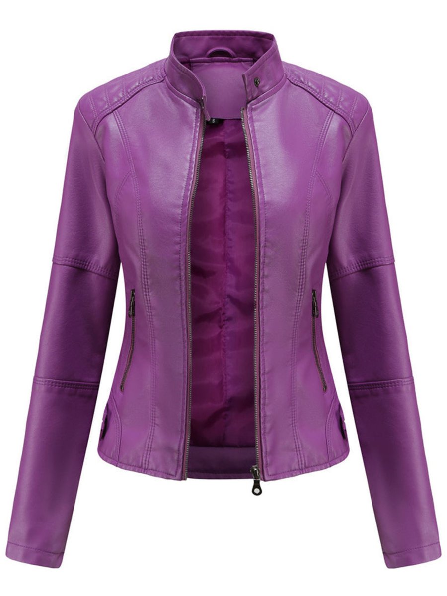 Damen Taillierte Bikerjacke mit Reißverschluss Eleganter Kunstleder-Look 2