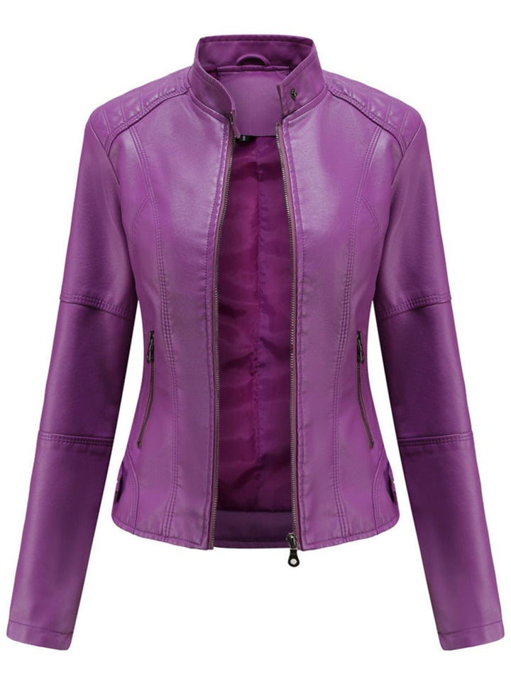 Damen Taillierte Bikerjacke mit Reißverschluss Eleganter Kunstleder-Look 2