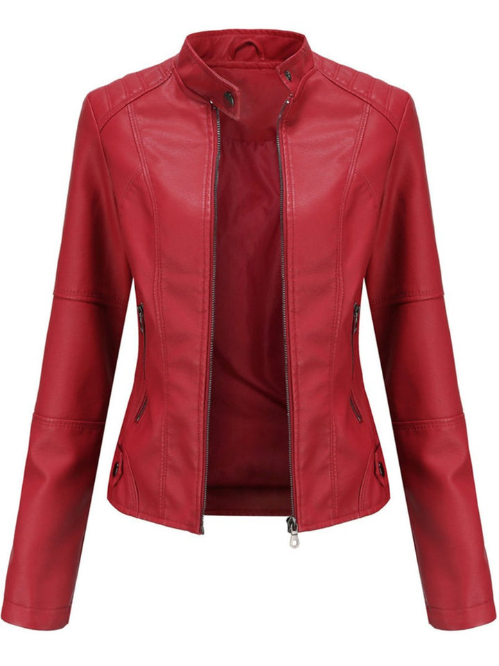 Damen Taillierte Bikerjacke mit Reißverschluss Eleganter Kunstleder-Look 3