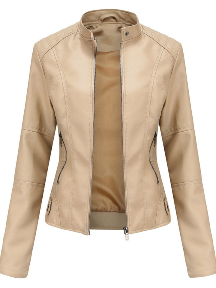 Damen Taillierte Bikerjacke mit Reißverschluss Eleganter Kunstleder-Look 4