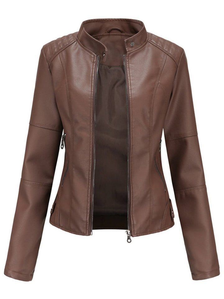 Damen Taillierte Bikerjacke mit Reißverschluss Eleganter Kunstleder-Look 5