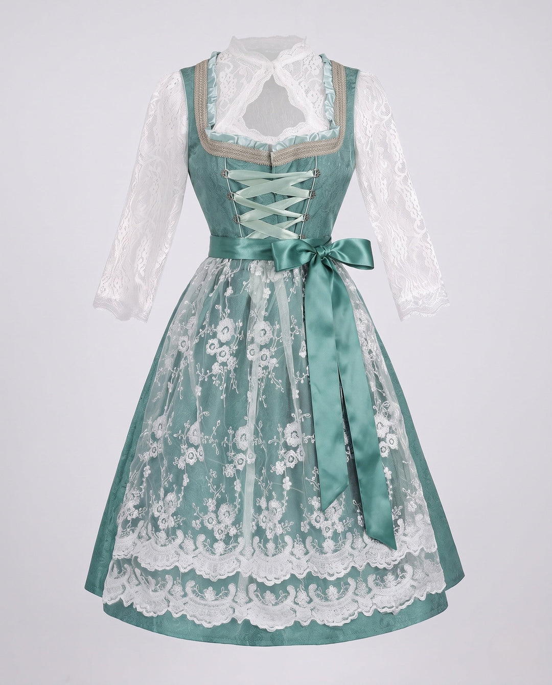 Damen Trachtenkleid mit elegantem Spitzenoberteil und dekorativer Taillenschließe für festliche Anlässe 10