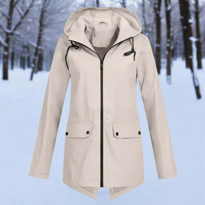 Damen Wasserdichte Regenjacke mit Kapuze und Reißverschluss, Outdoorjacke mit Taschen 0