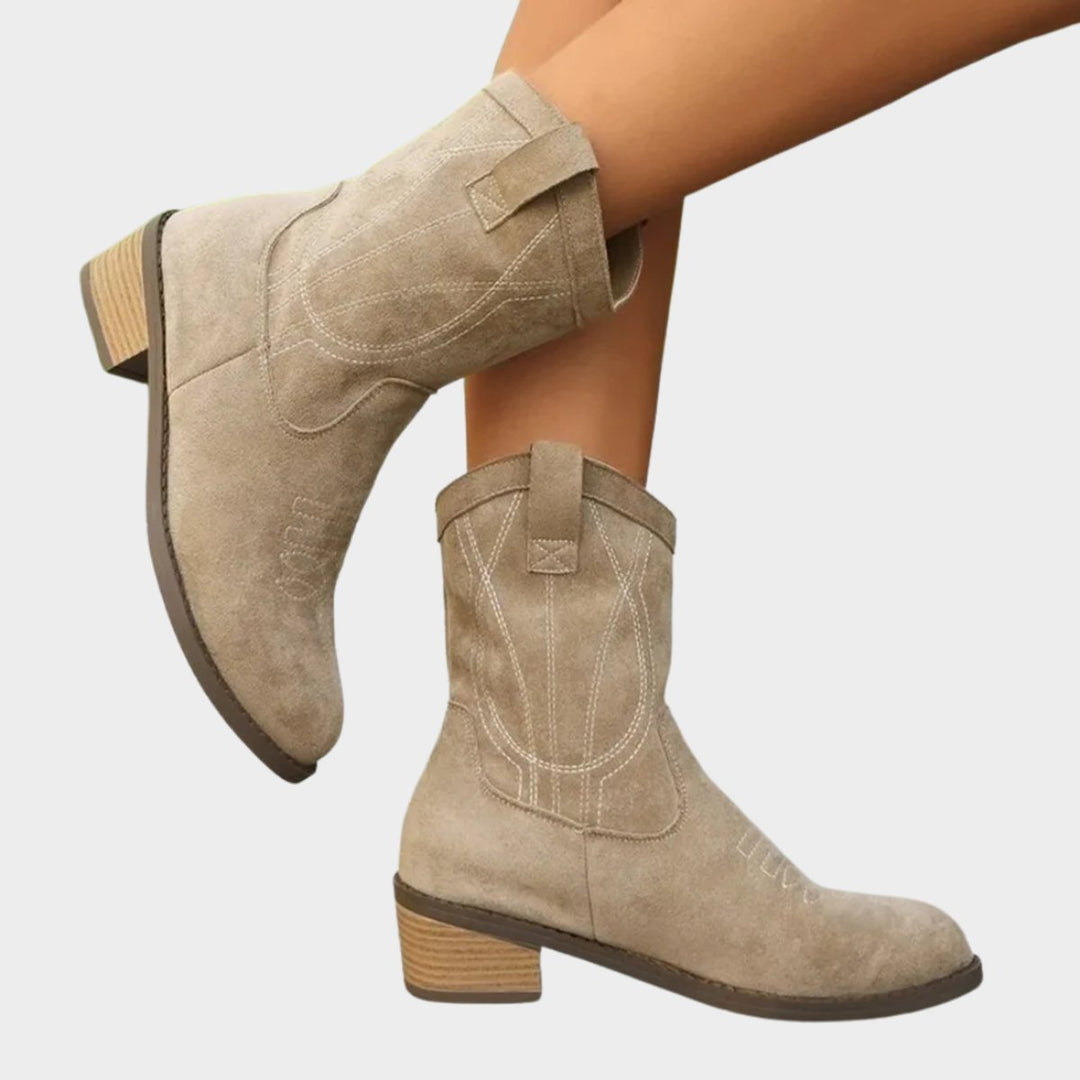 Damen Western Cowboy Ankle Boots mit Steppdetails und stabilem Blockabsatz 0