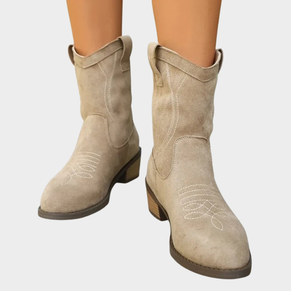 Damen Western Cowboy Ankle Boots mit Steppdetails und stabilem Blockabsatz 1