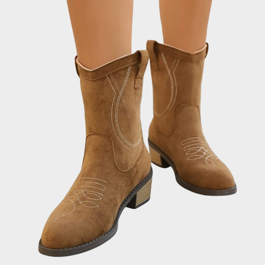 Damen Western Cowboy Ankle Boots mit Steppdetails und stabilem Blockabsatz 2