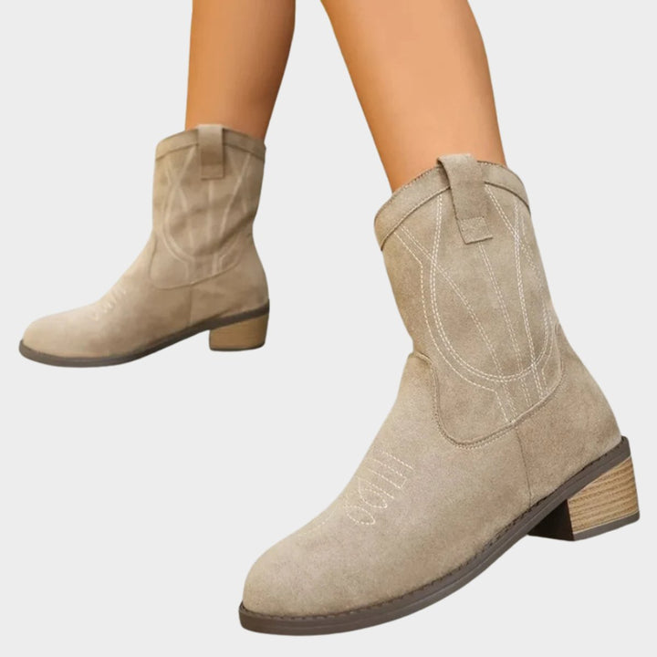 Damen Western Cowboy Ankle Boots mit Steppdetails und stabilem Blockabsatz 3