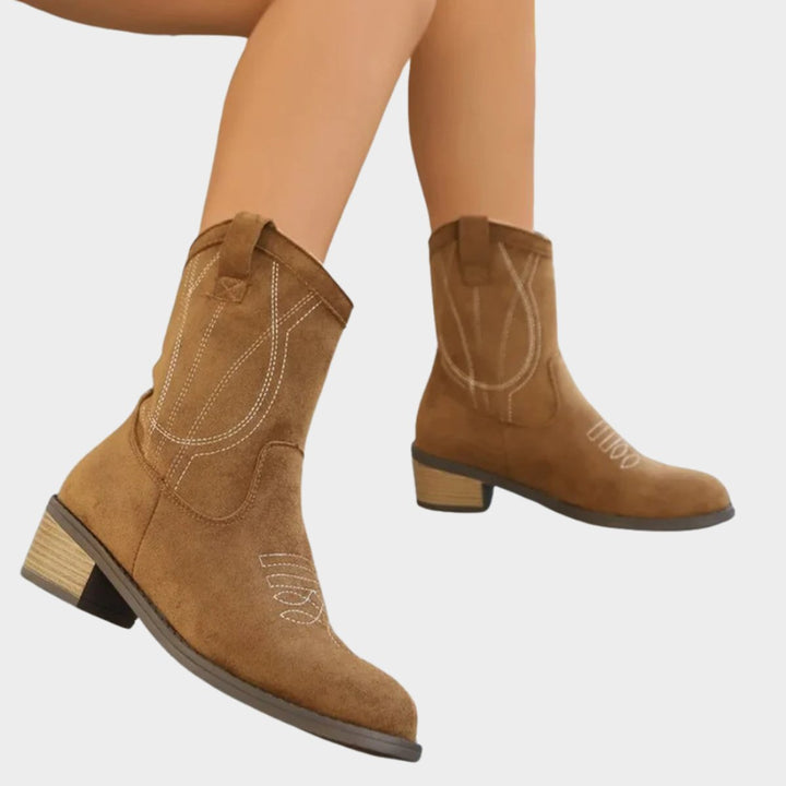 Damen Western Cowboy Ankle Boots mit Steppdetails und stabilem Blockabsatz 4