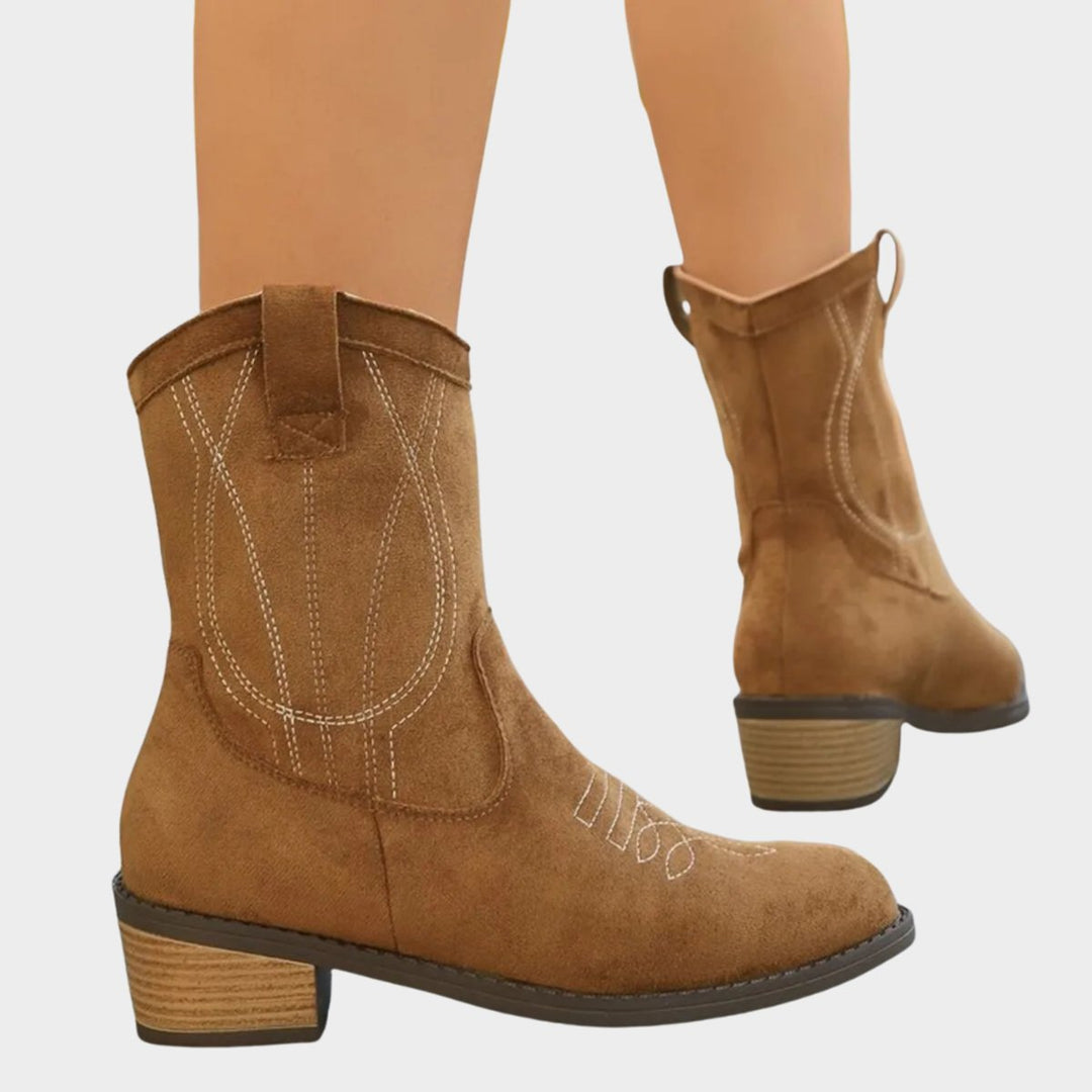 Damen Western Cowboy Ankle Boots mit Steppdetails und stabilem Blockabsatz 5