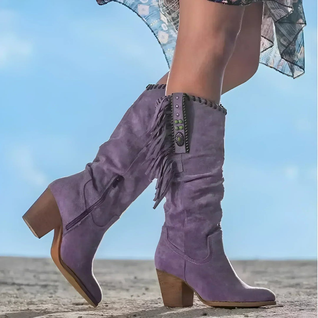 Damen Western Knee High Boots mit Fransen und Blockabsatz – Stilvoller Boho-Look 1